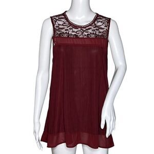 Doe & Rae Shirt‎ Womens Medium Burgundy Red Sheer Lace Yoke Flowy Boho Peasant